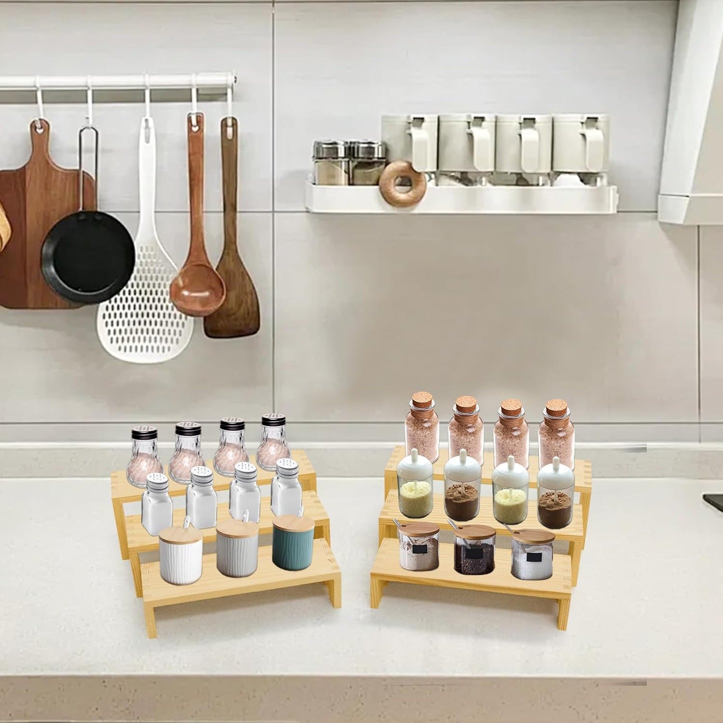 Display Wood Risers Wooden Stand 3 Tier Wood Racks Decorative Rectangular, 2 Set 6 Piece Cupcake Stands Cologne Perfume Organizer Dessert Showcase(Nature)