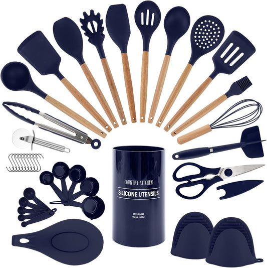 Country Kitchen Non Stick Silicone Utensil Set with Rounded Wood Handles for Cooking and Baking, 38 Piece Set, Navy