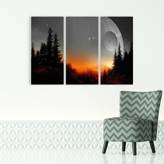 Death Star Inspired Canvas Print Wall Art | Futuristic Space Station Artwork | Smooth Surface Home Decor – Various Sizes (3 Pieces Large)