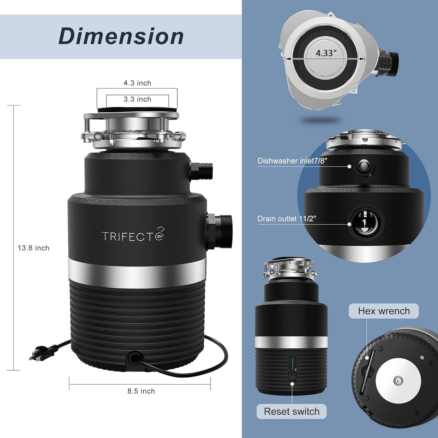 Trifecte Series 1 HP Continuous Feed Garbage Disposal with Sound Reduction, Power Cord, Stainless steel Flange,Splash Guard, Wrench Included, Black