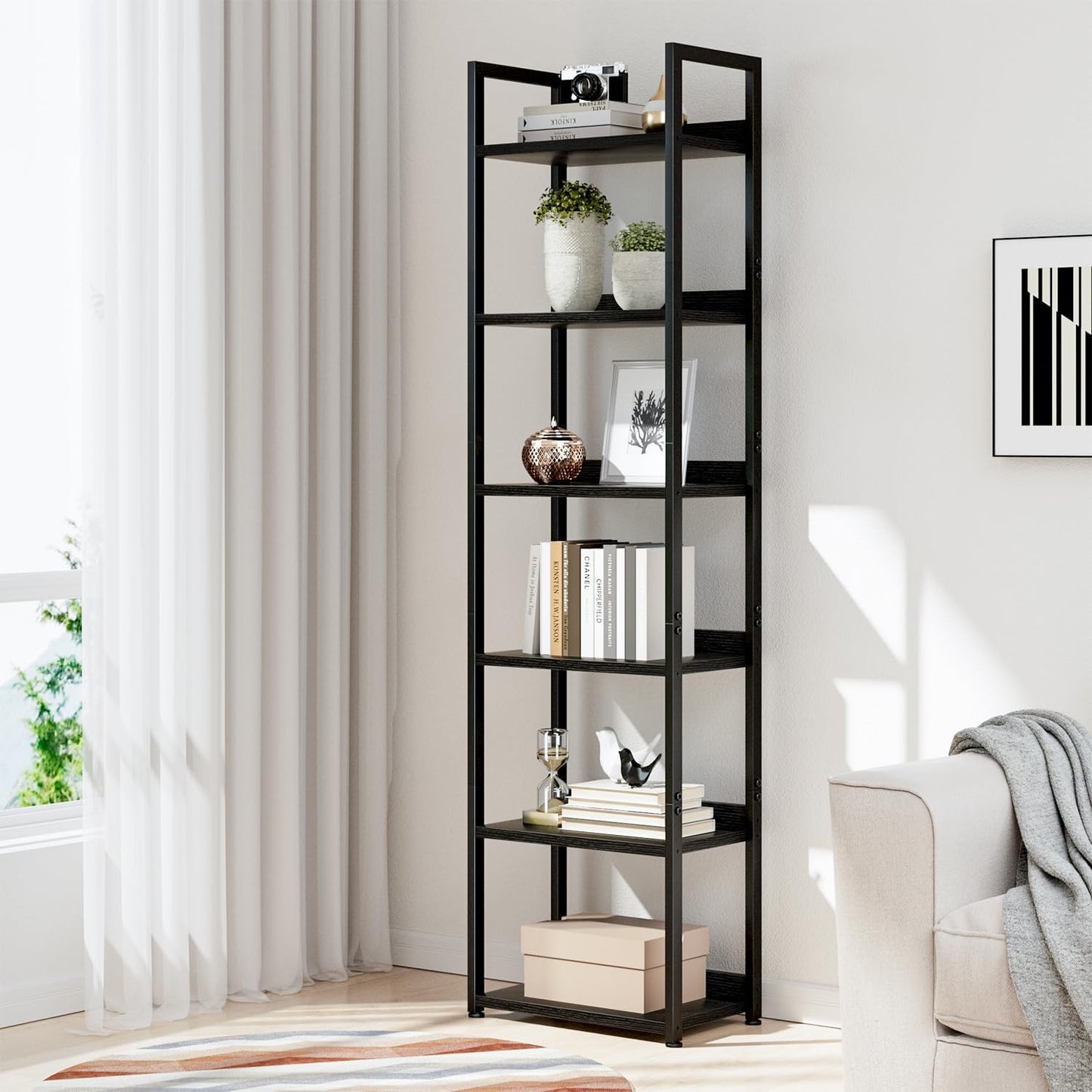 NUMENN Narrow Bookshelf, 6 Tier Bookshelves, Home Office Bookcase Shelf Storage Organizer, Free Standing Storage Shelving Unit for Bedroom, Living Room and Home Office, Black