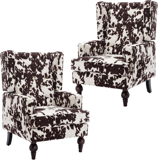 DUOMAY Tufted Accent Chair Set of 2, Modern Upholstered Wingback Side Arm Chair for Living Room Bedroom with Wood Legs, Comfy Reading Guest Chair for Office, Milk Cow/Brown