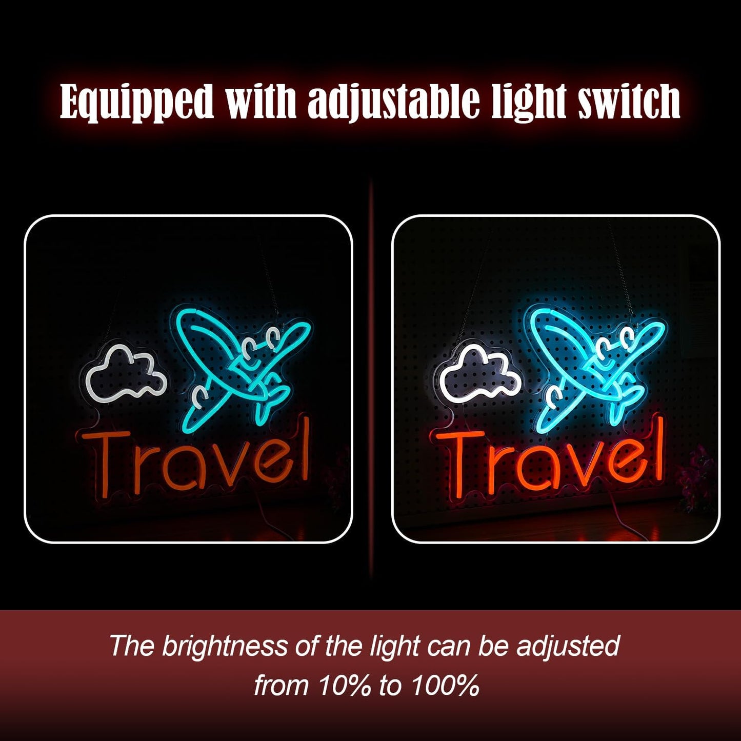 Travel Neon Sign USB Airplane LED Light Up Sign for Wall Decor Dimmable 12.2 * 16.5 In Go To Tranel Neon Light for Airport Travel Agency Bedroom(Ice Blue Red White)