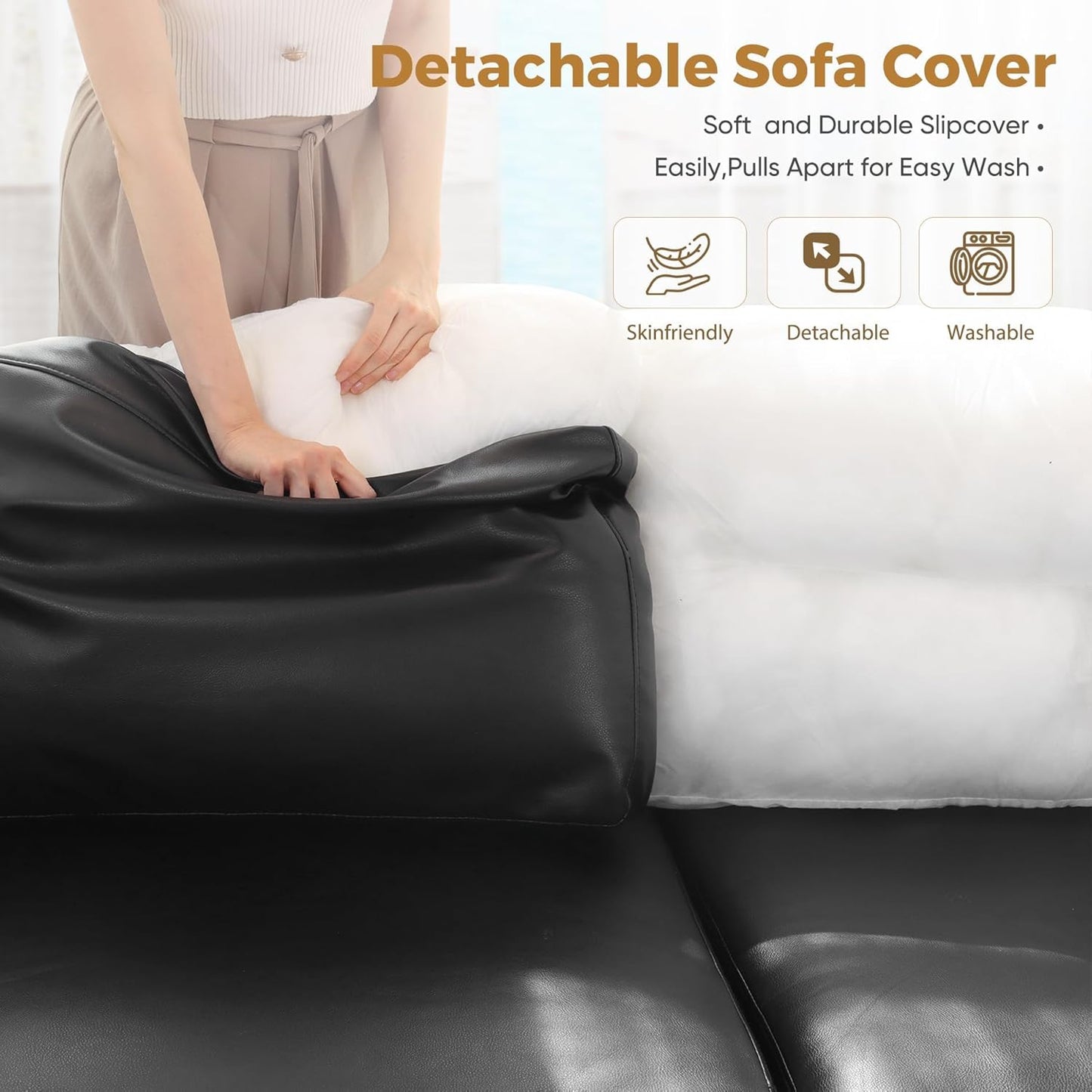 ABCASA 118.5" Faux Leather Modular Sectional Convertible Sofa, L Shaped Couch Set for Living Room, Large 8-Seater Comfy Cloud Couches with Movable Storage Ottoman DIY Combination - Black