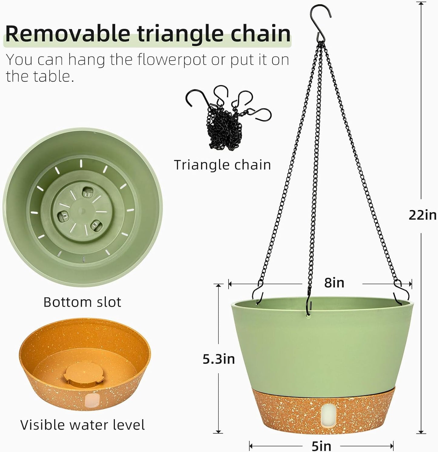 QCQHDU 2 Pack Hanging Planters for Indoor Outdoor Plants, 8 Inch Hanging Baskets Flower Pots with Reservoir Tray & Visible Water-Level
