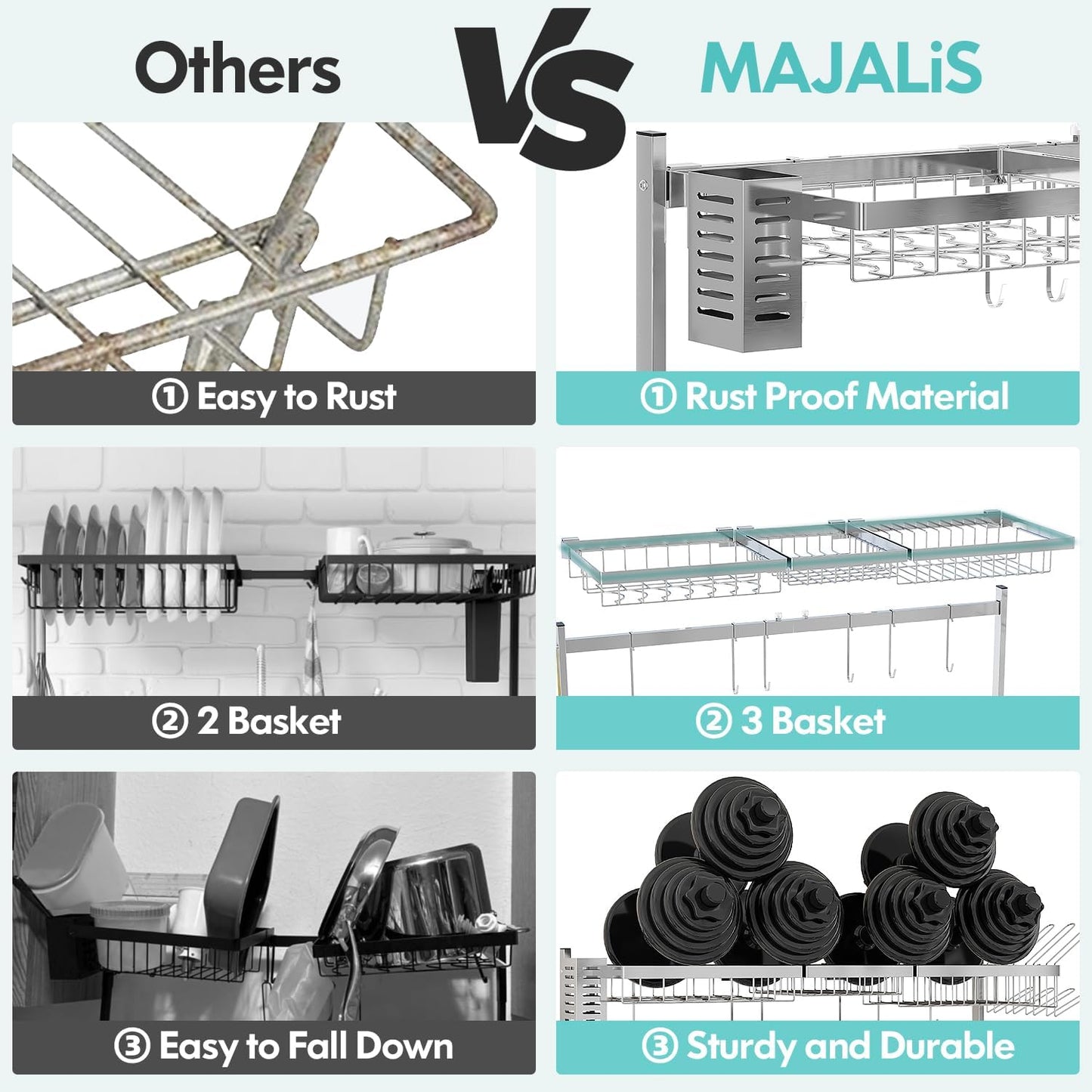 MAJALiS Over Sink Dish Drainer Drying Rack, 2 Tier Stainless Steel Dish Rack Over Sink Sink Length Adjustable (33.5-40 in), Expandable Drainer Shelf Rack with Multifunctional Organizers, Sliver