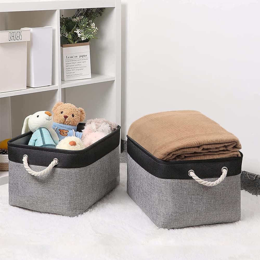 TheWarmHome Organization and Storage Basket for Organizing - 17x14x10 inch Large 3 Pack Collapsible Storage Bin for Shelves, Fabric Basket for Gifts Empty Organizer Gift Closet (Black & Grey)