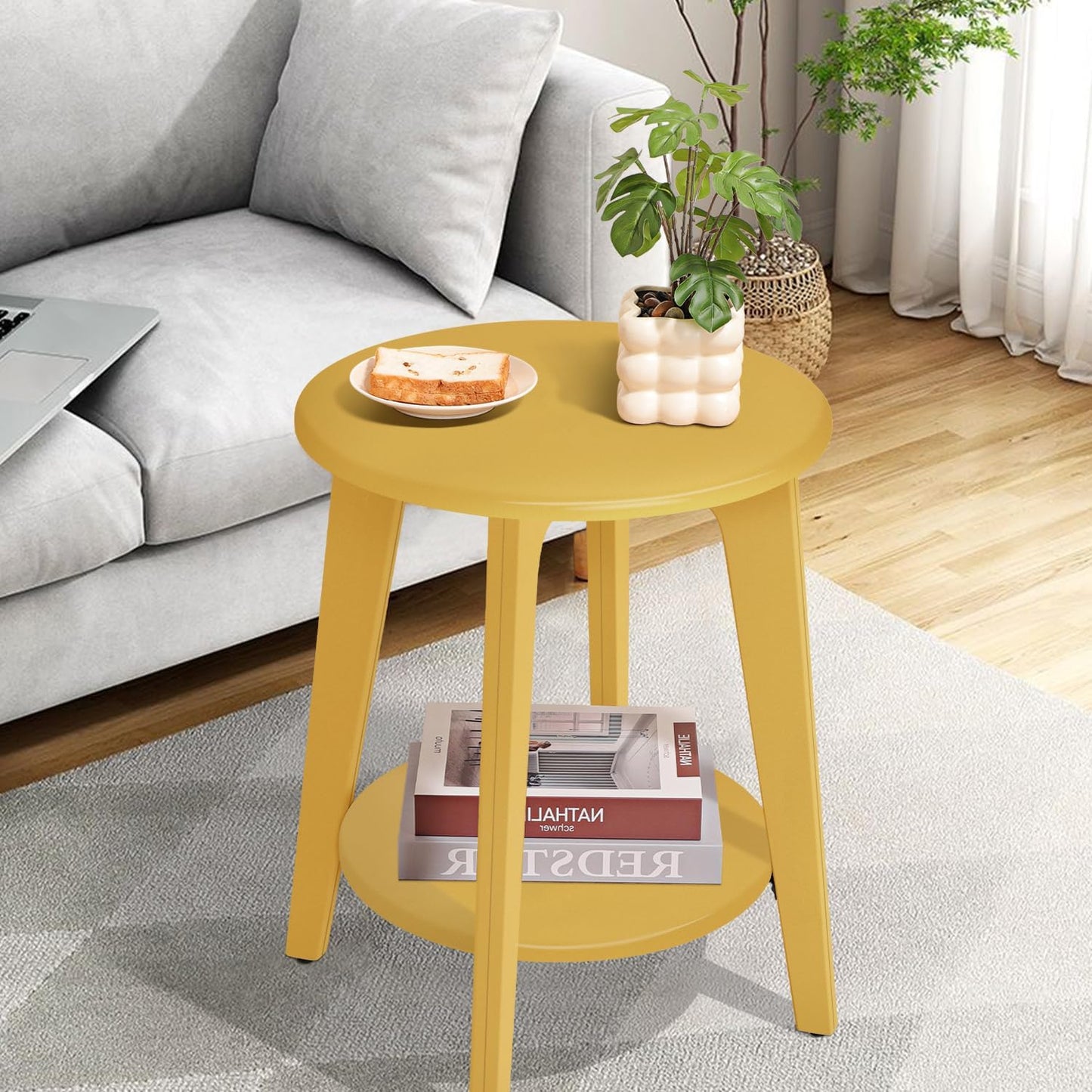 Round Side Table Gold Wooden End Table with Lower Shelf Rustic Vintage Nightstand Beside Table for Living Room Bedroom Small Spaces