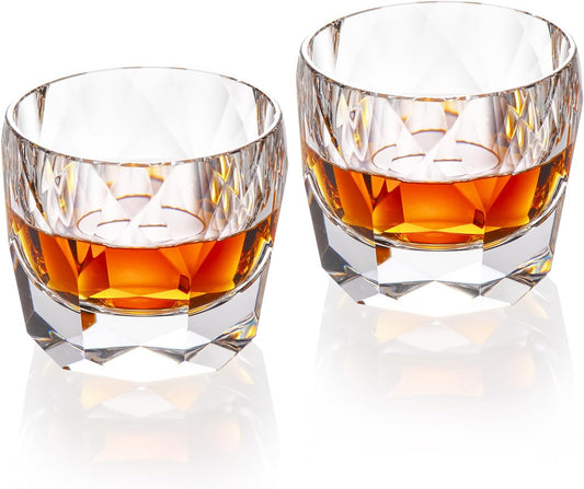 KAMMAK Crystal Whiskey Glasses Set of 2, 7.1oz Old Fashioned Glasses Stemless, Hand Blown White Cocktail Glasses, Luxury Handcrafted Cut Ice Ball Cup for Women, Perfect Men Gift for Bourbon