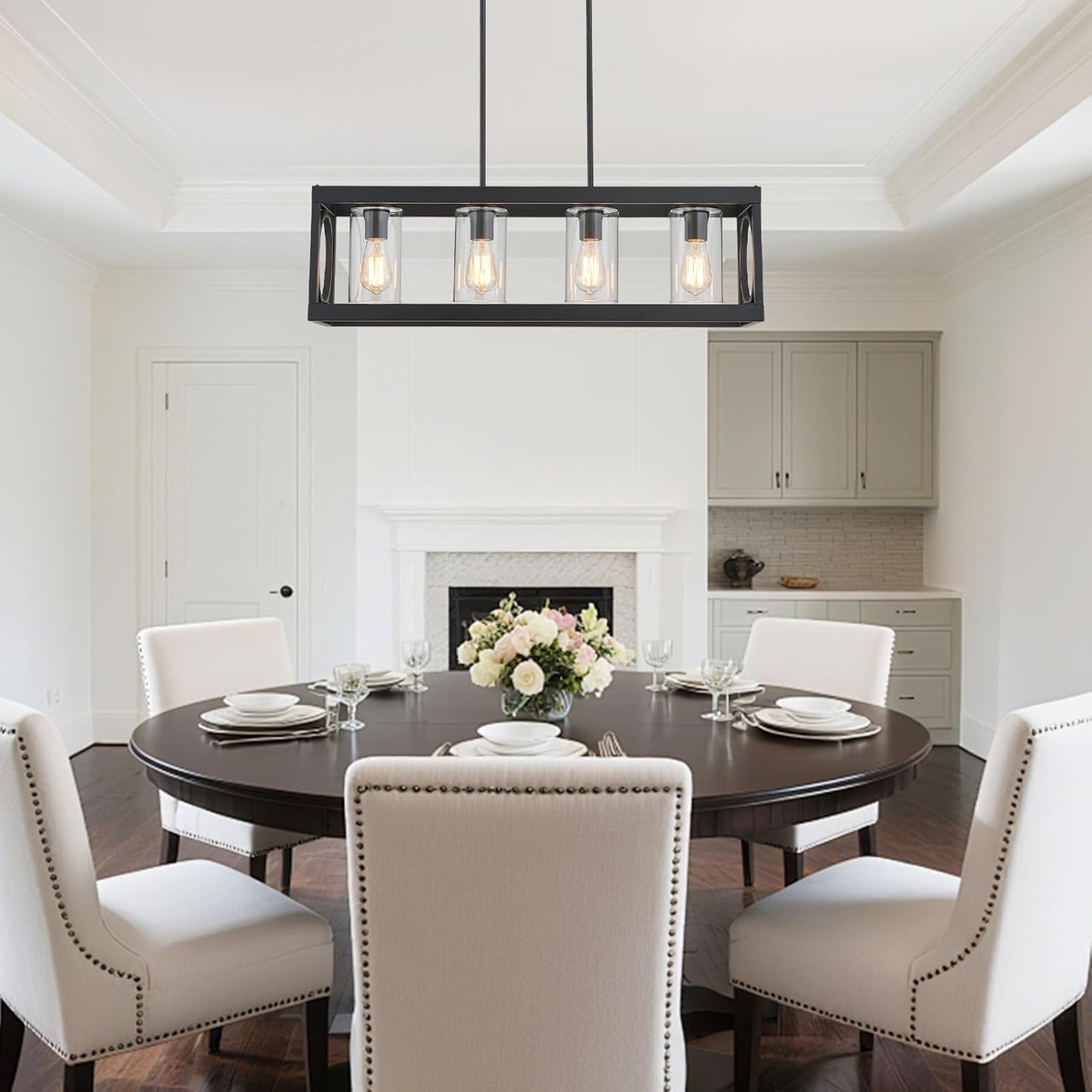 XINGQI Black Kitchen Island Light Fixtures Over Table, 31.5" Rectangular Linear Chandeliers Farmhouse Dining Room Pendant Ceiling 4-Light with Glass Lampshade for Living Room Bar Office