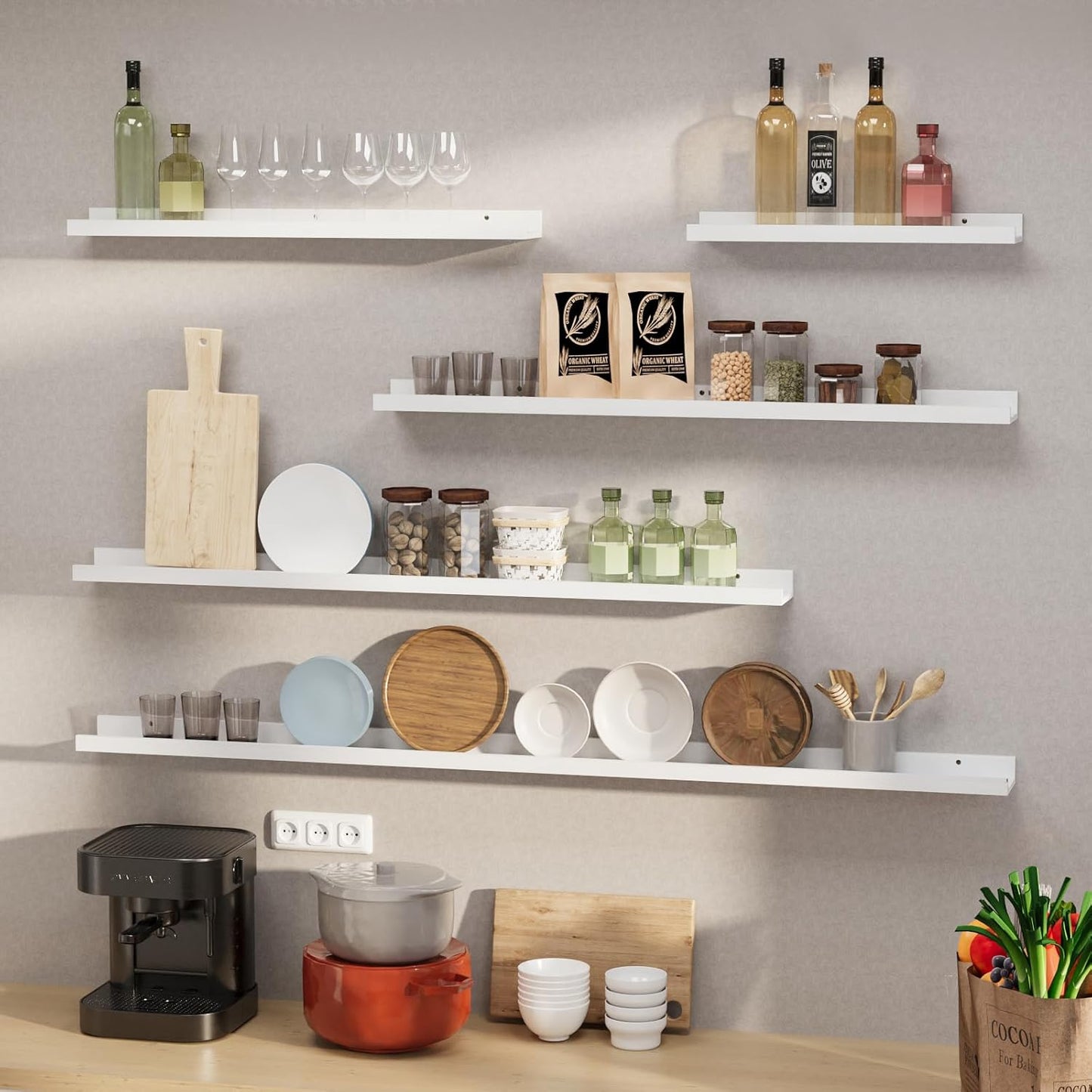 SAUMONIERES Picture Ledge Shelf Floating Book Shelves Set of 2 Wall Mounted Solid Wood for Bedroom Bathroom Living Room Kitchen, 55 Inch White