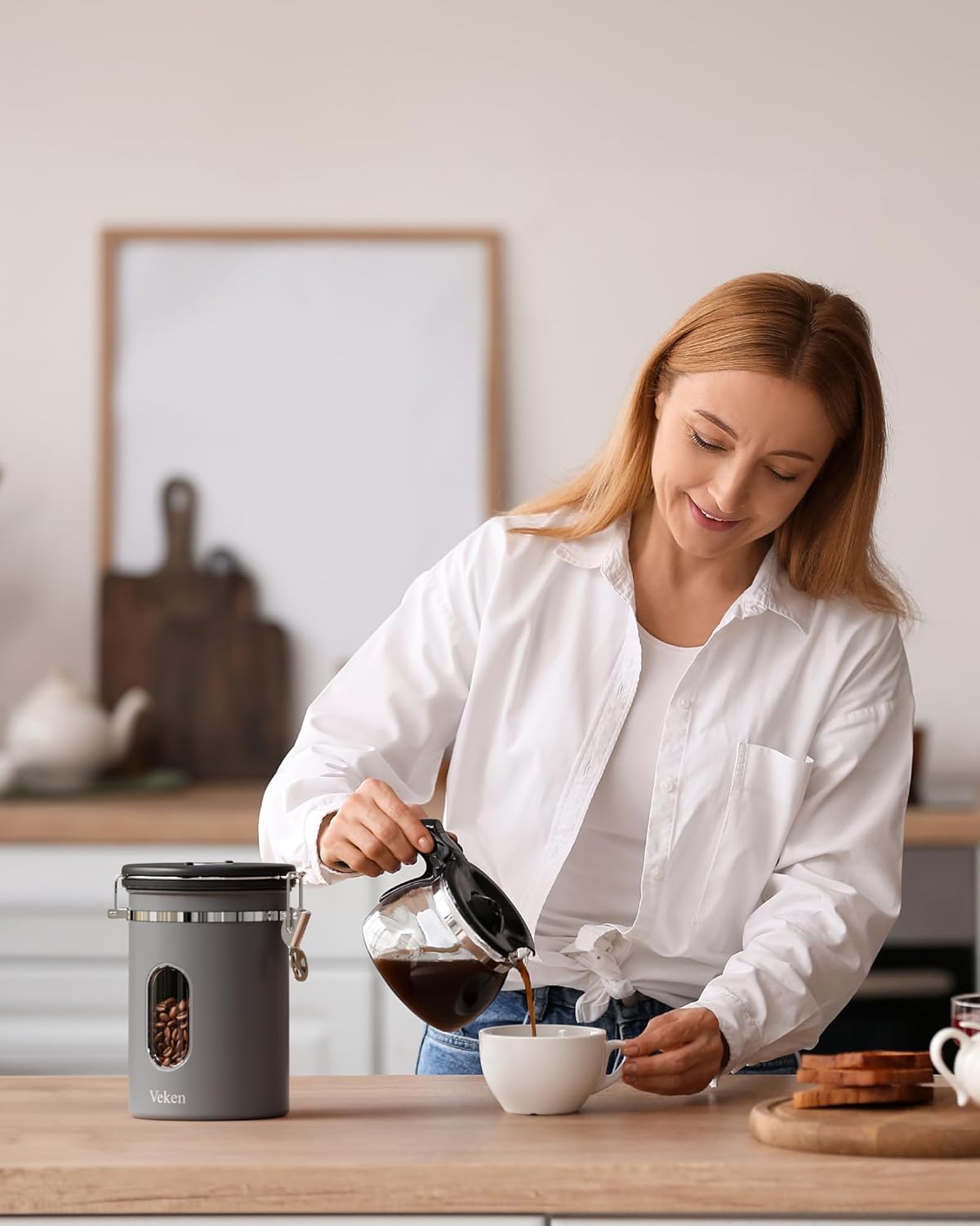 Veken Coffee Canister with Window,Airtight Stainless Steel Kitchen Food Storage Container, Date Tracker & Scoop for Grounds Coffee, Beans, Tea, Flour, Cereal,Sugar,22OZ,Grey