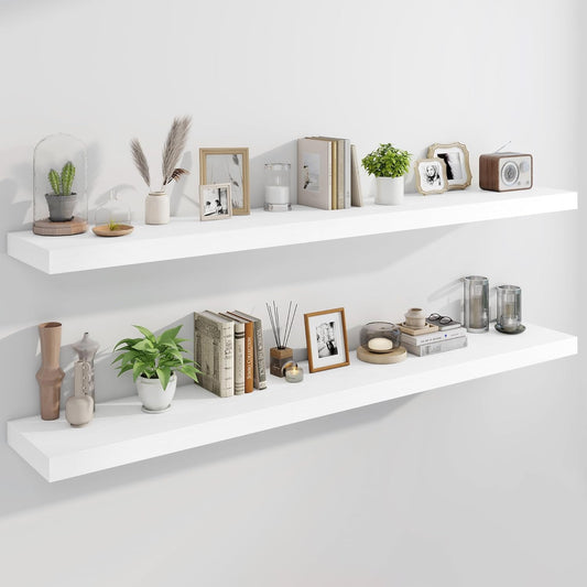 Marsmiles 72" Floating Shelves for Wall, Wooden Shelves with Invisible Brackets Set of 2, Rustic Farmhouse Wall Mounted Shelf for Kitchen Bathroom Living Room Study, White