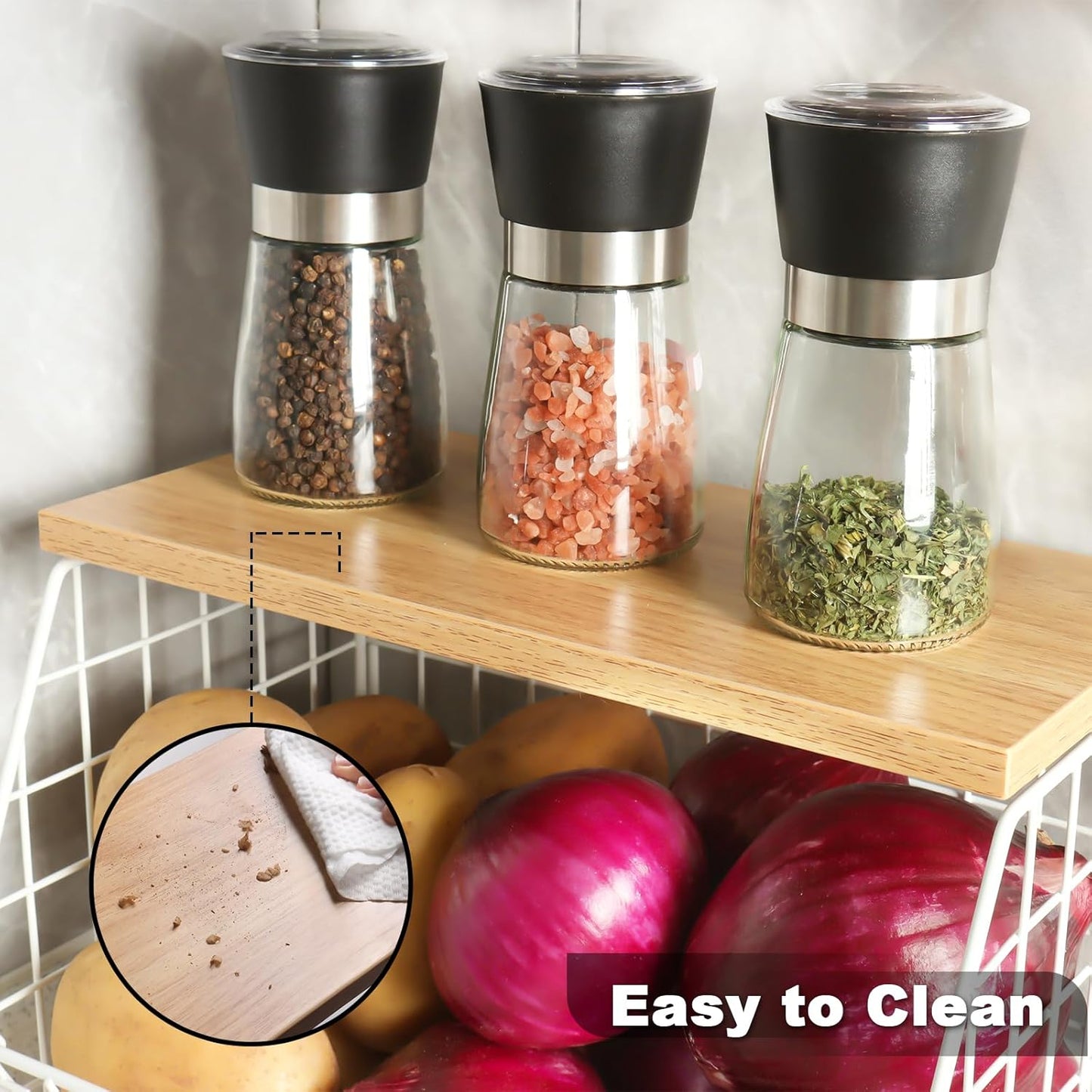 Fruit Basket, 2-Tier Fruit Bowl for Kitchen Counter, Stackable Wall Mounted Fruit Storage, Snack Organizer, Potato and Onion Storage Basket, Hanging Pantry Storage with Wood Lid, 2 Set, White