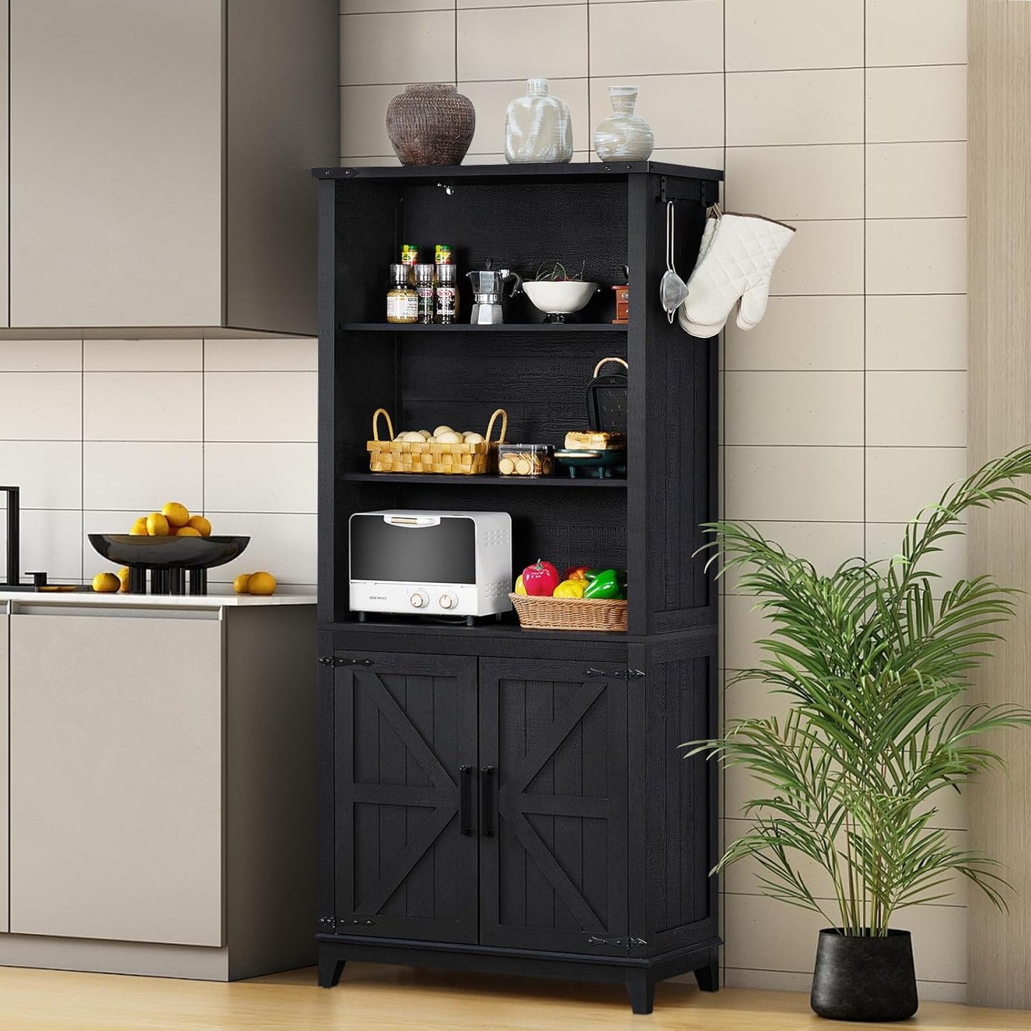 70in Tall Bookshelf 5 Tier Bookcase with Barn Doors and Adjustable Shelves, Black Farmhouse Book Shelf with Storage Cabinet, Wood Freestanding Display Bookshelves for Bedroom, Kitchen (2PCS)