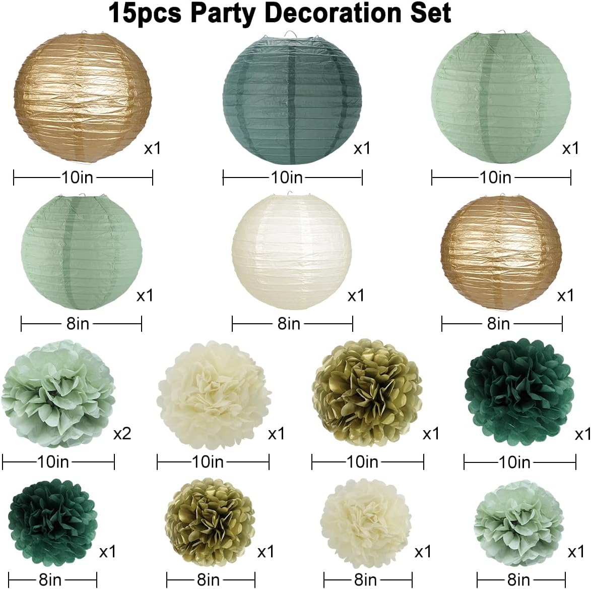 zilue Sage Green Party Decorations, Sage Green Paper Lanterns and Pom Poms Flowers for Birthday Party Baby Shower Wedding Shower Decor Gold/Ivory/Sage Green 15pcs