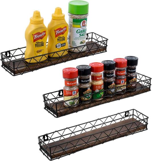MyGift 14 Inch Wall Mounted Kitchen Spice Racks, Rustic Burnt Solid Wood and Black Metal Wire Geometric Hanging Organizers for Seasoning Jars or Condiment Bottles, Set of 3