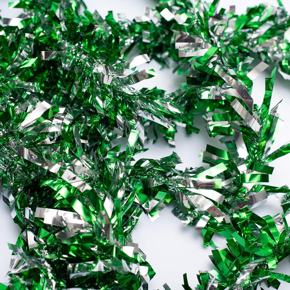 Anderson's Green & Silver Sparkle Glitter Metallic Tinsel Twist for Trailer Or Golf Cart, 4 inches Wide x 25 ft Long, Christmas, Birthday, Patriotic and Holiday Garland Decor for Parties and Parades