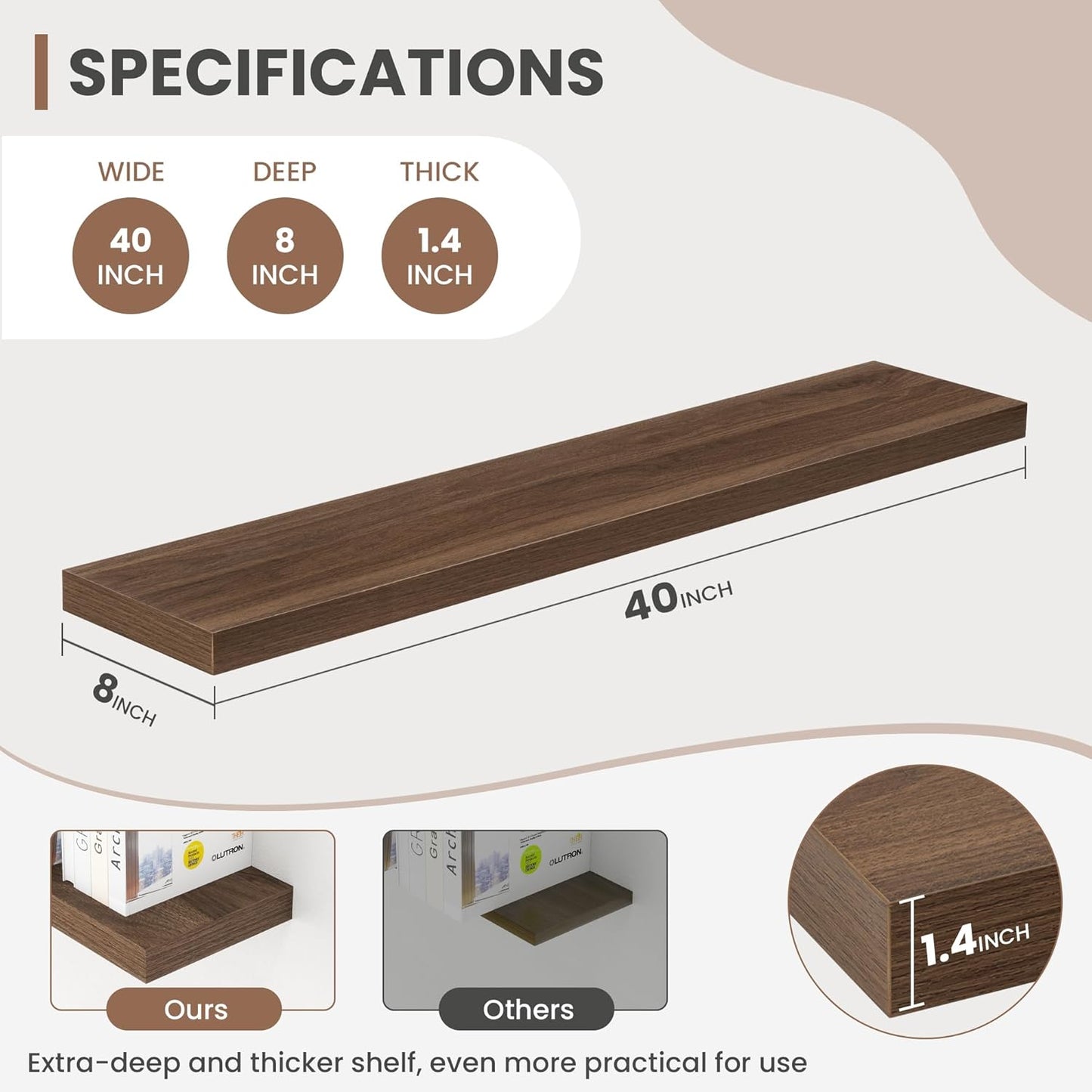 40 Inch Floating Shelves, 8 Inch Deep Floating Shelves for Wall, Hanging Shelf with Invisible Brackets, Deep Shelves for Bathroom, Bedroom, Living Room, Walnut, Set of 2