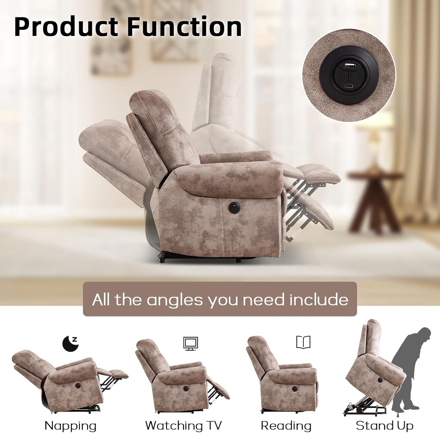 EBELLO 3 Pieces Reclining Couch Furniture Set for Living Room, Double 1 Seat Power Recliner Chair with Massage and Heat, a 3 Seater Manual Sofa, Vintage Rivet Mid-Century Design, Brown