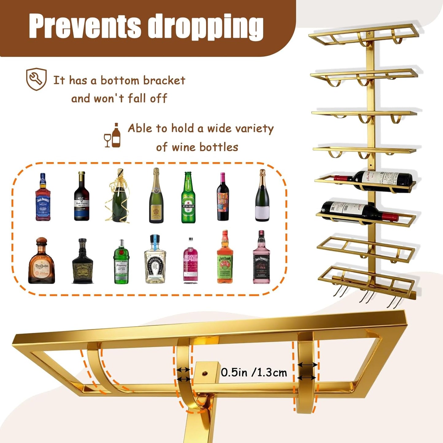 16 Bottle Wall Mount Wine Rack with Wine Glass Holder, Metal Wine Wall Rack, Wall Racks for Wine Bottles Display and Storage, Hanging Bottle Organizer for Living Dining Room Wine Cellar Bar (Gold)