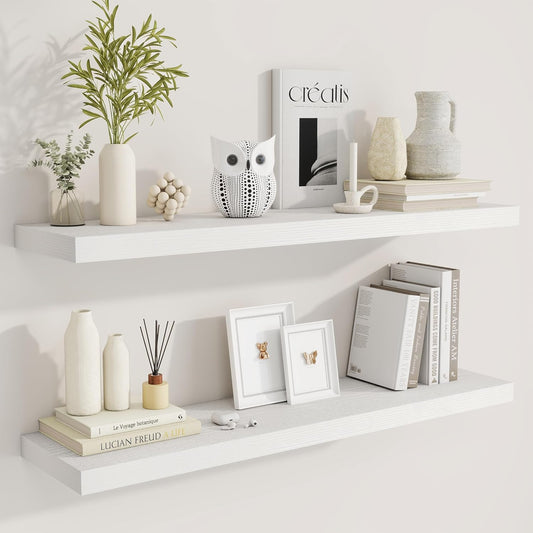 Fun Memories 40" Rustic Wood Floating Shelves with Invisible Brackets for Storage & Decor, Deep Wall Mounted Shelves for Bathroom, Kitchen, Living Room (White, Set of 2)