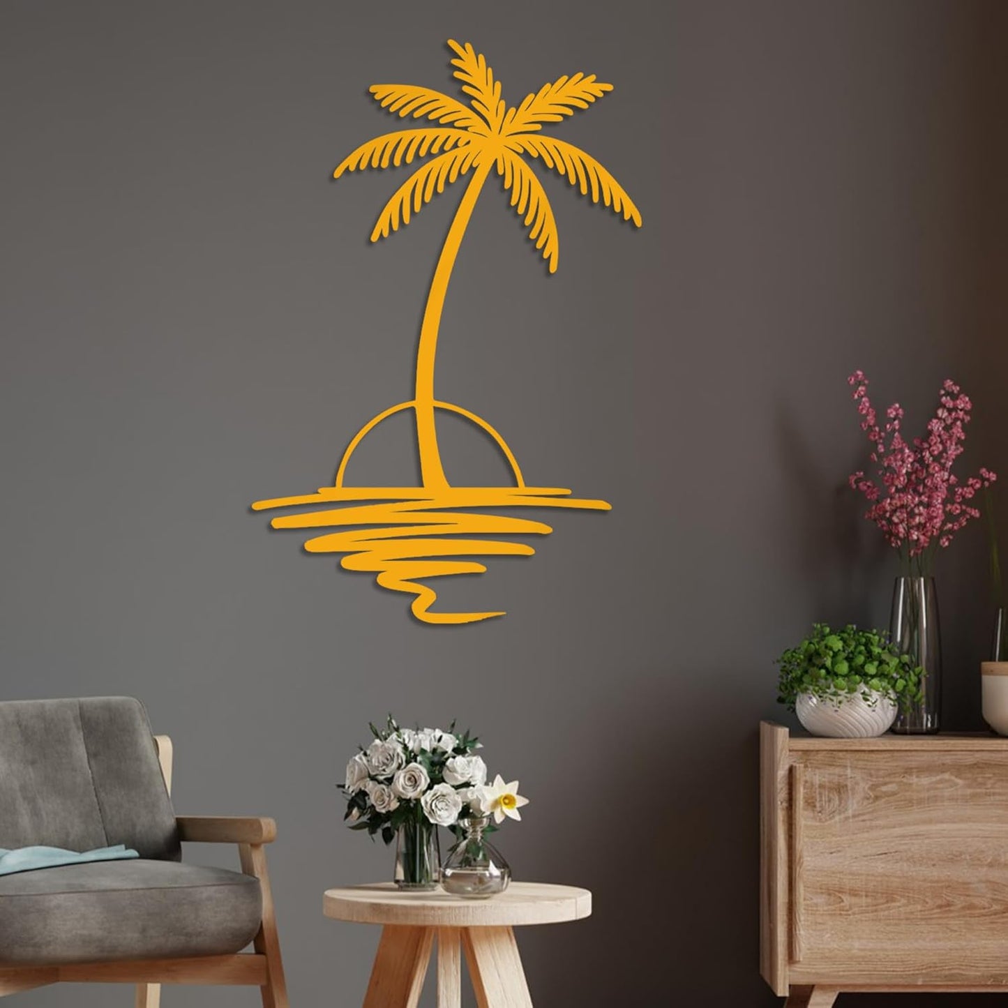 Metal Palm Tree with Sunset Wall Art, Large Outdoor Wall Decor, Tropical Beach Coastal Decor for Living Room, Bedroom, Garden Home Wall Sign, Perfect Metal Wall Art for Beach House, Coastal Theme, and Home Decoration (Gold, 48 x 40 inches)