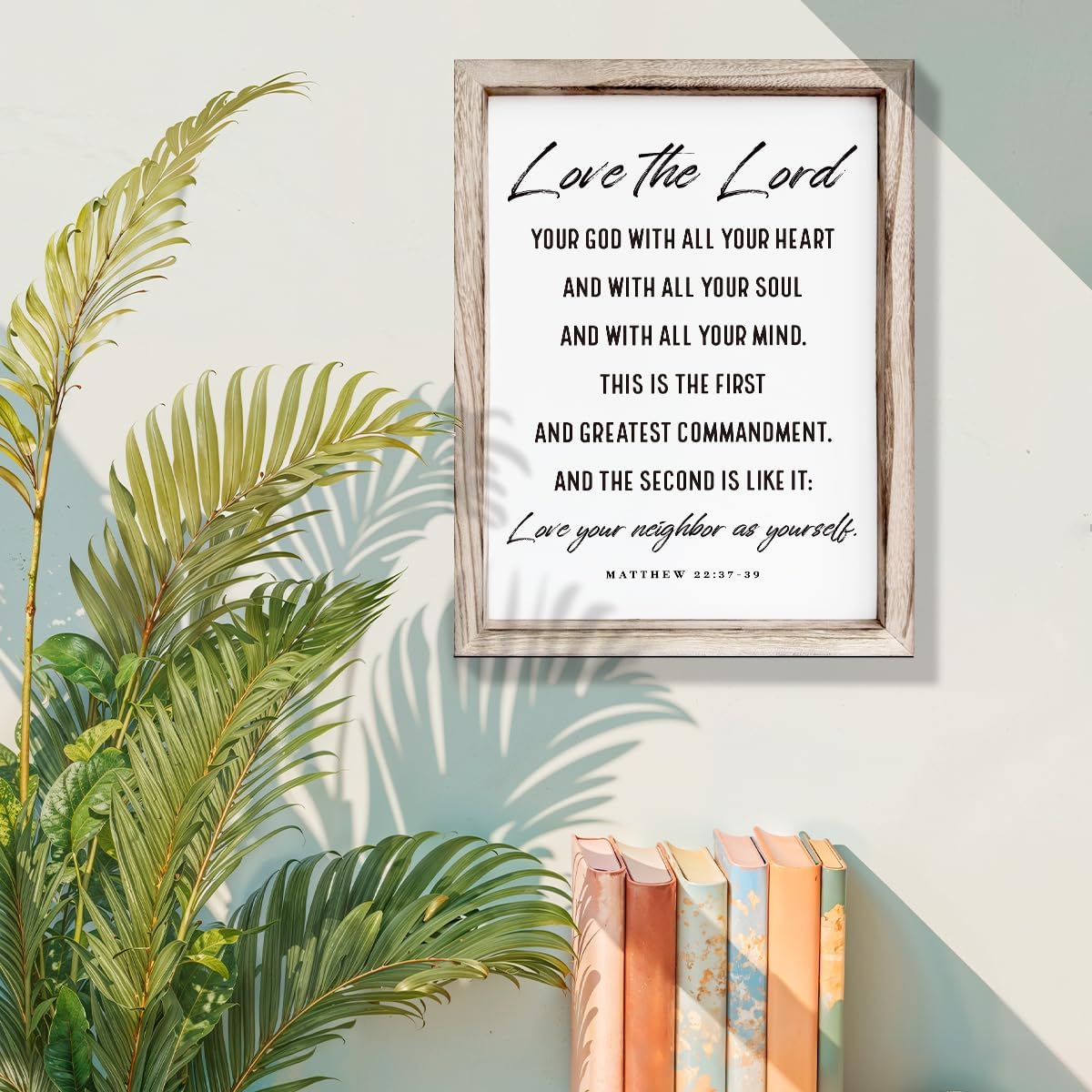 Christian Wall Plaque, Master Bedroom Decor Above Bed, Rustic Farmhouse Christian Decor, Matthew 22:37-39 Signs, Framed Wall Plaque Sign 15 * 11.5 inches, Love the Lord Sign