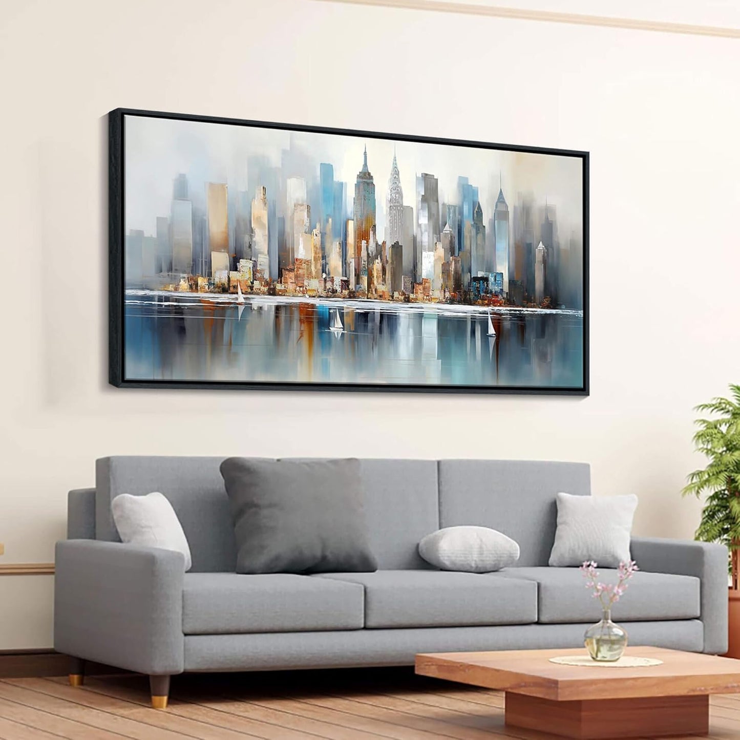 DUNHUANG ART Modern New York City Skyline Wall Art - Abstract Colorful Manhattan Sky Painting for Home & Office Decor - Large Framed Cityscape Picture 24"x48"