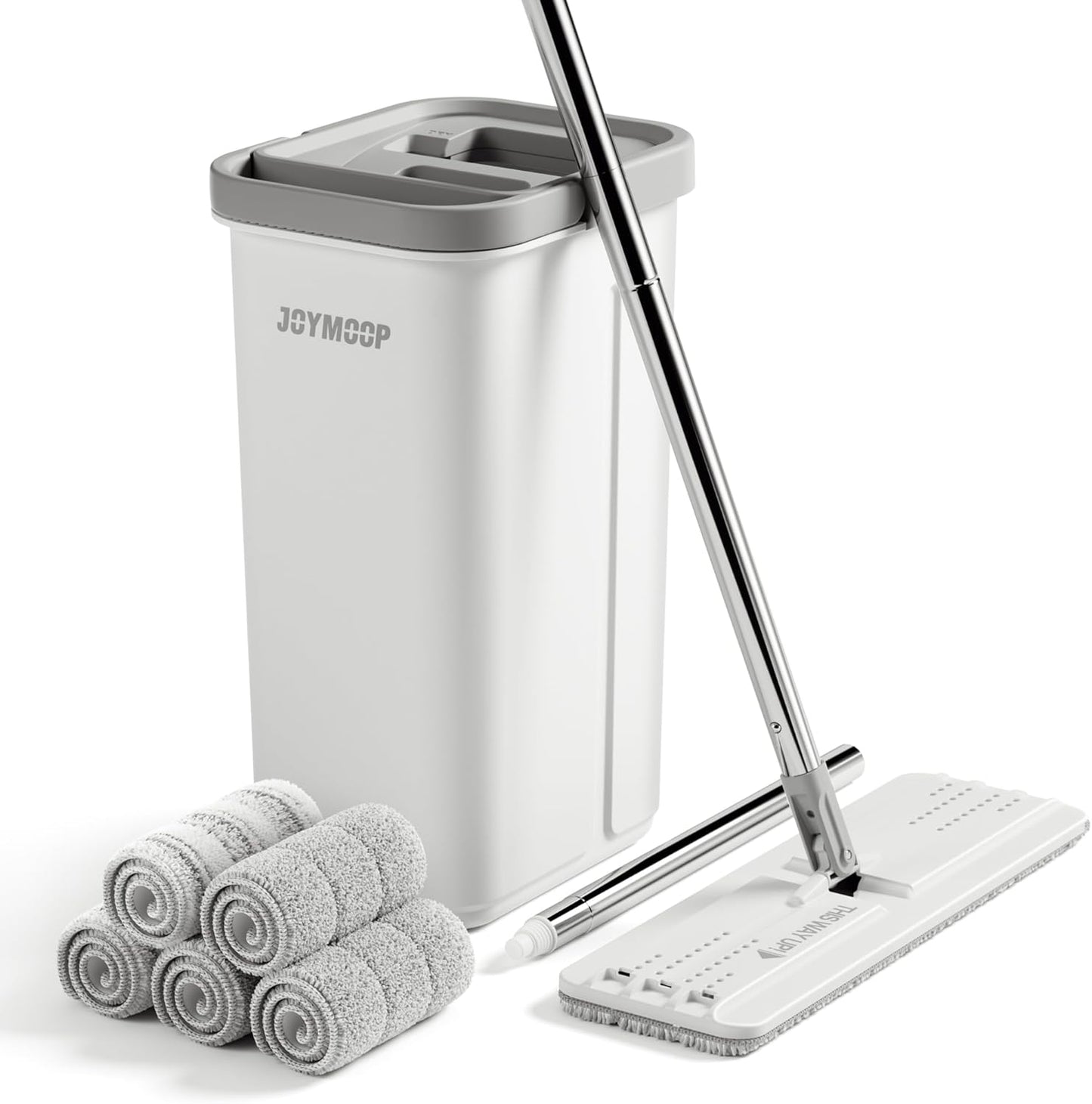JOYMOOP Mop and Bucket with Wringer Set, Hands Free Flat Floor Mop and Bucket, 60" Mop with 5 Reusable Microfiber Pads, Wet and Dry Use, Floor Cleaning System