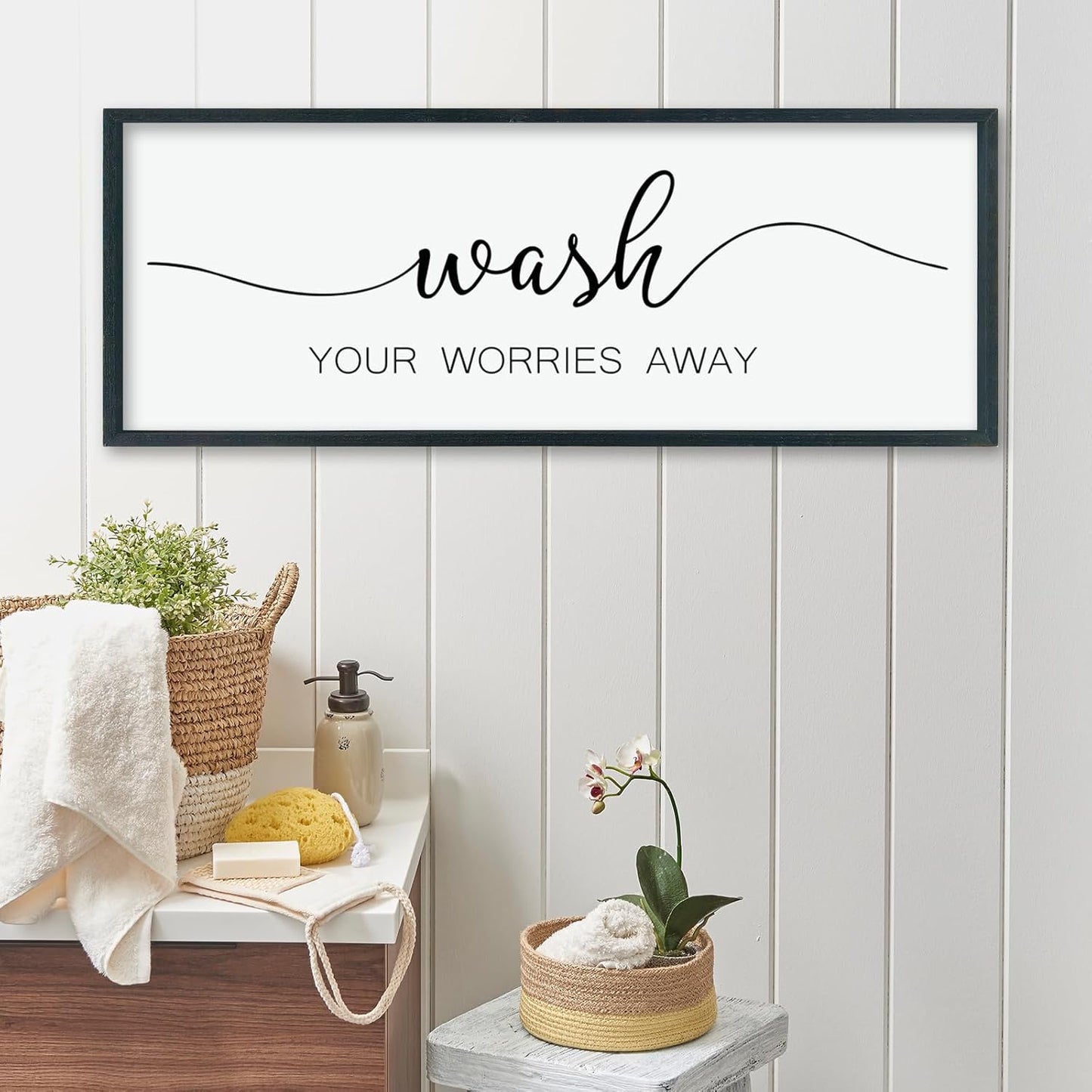 LuZhiQiang Wash Your Worries Away Sign Bathroom Wall Art Decor 40"×15" Large Wood Framed Laundry Room Funny And Artwork Wall Hanging (Black)