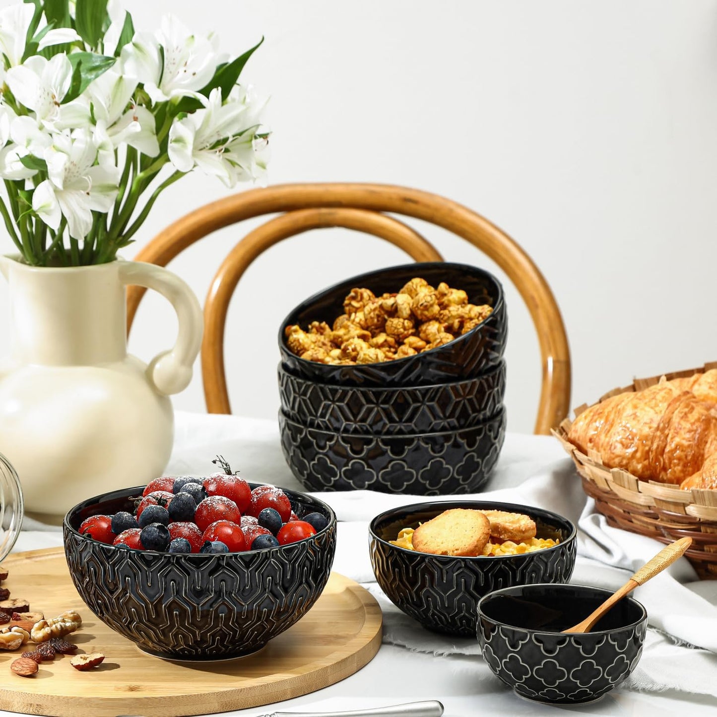 Sureasy Ceramic Cereal Bowls Set of 4, 5.9 Inch Deep Soup Bowls for Kitchen, 25 oz Embossed Stoneware Bowls for Pasta, Salad, Oatmeal, Noodle, Ramen, Microwave Dishwasher Safe, Set of 4, Black