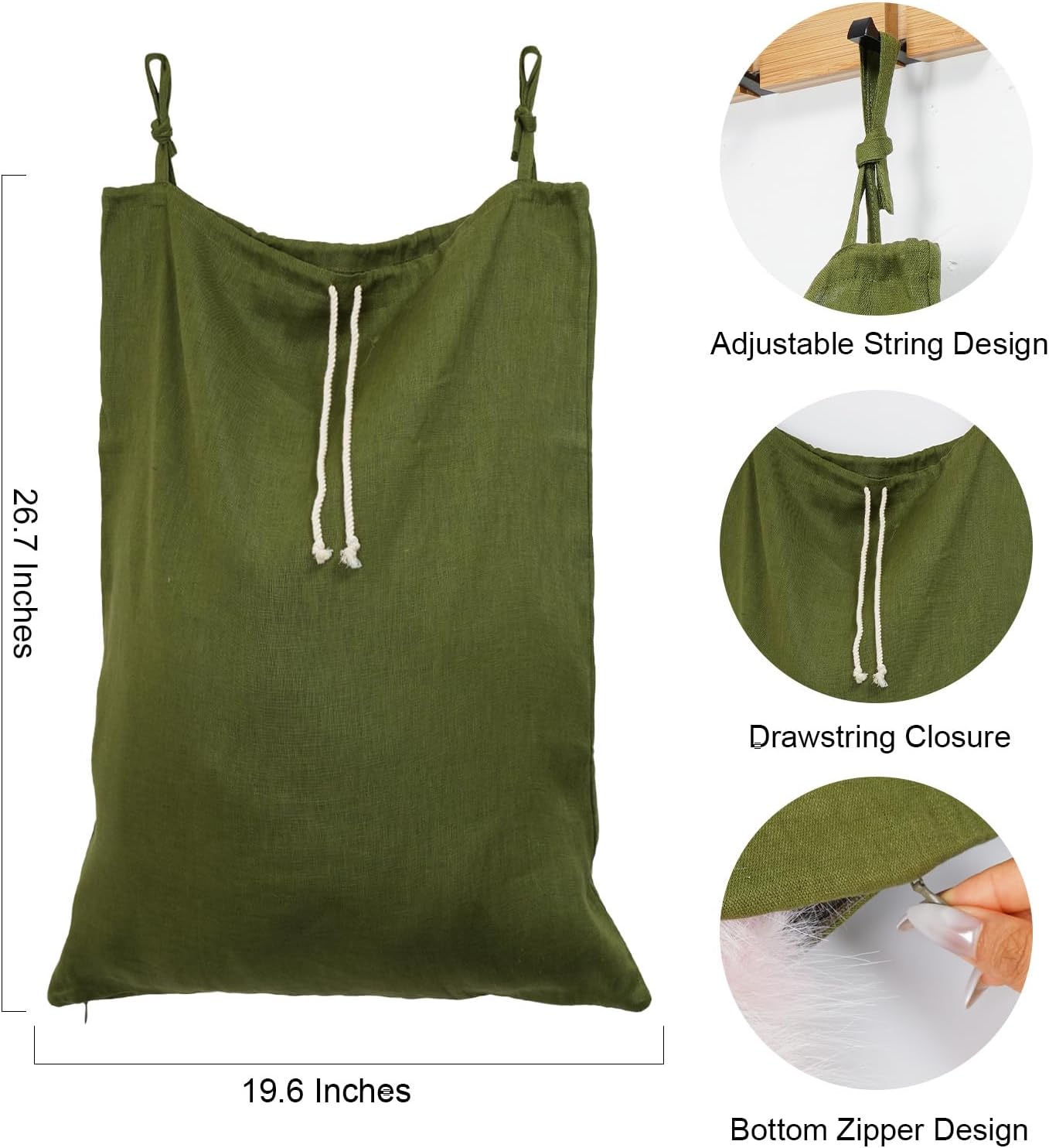 Linen Hanging Laundry Bag, Over The Door Laundry Hamper for Dirty Clothes, Drawstring Closure with Bottom Zipper, Army Green