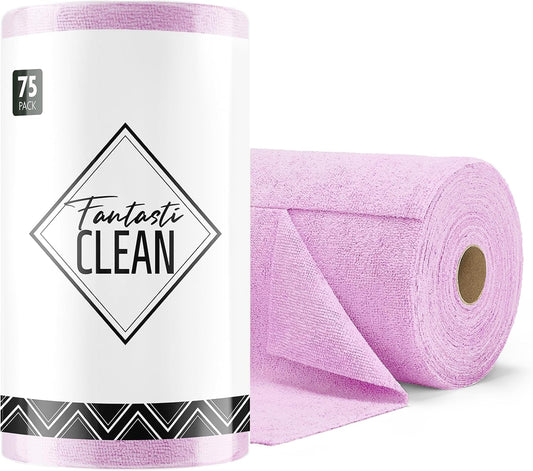 Fantasticlean Microfiber Cleaning Cloth Roll -75 Pack, Tear Away Microfiber Towels, 12" x 12", Reusable, Washable, Scratch Free, Ultra Absorbent Dish Rags for Car, Home, Garage or Shop (Purple)
