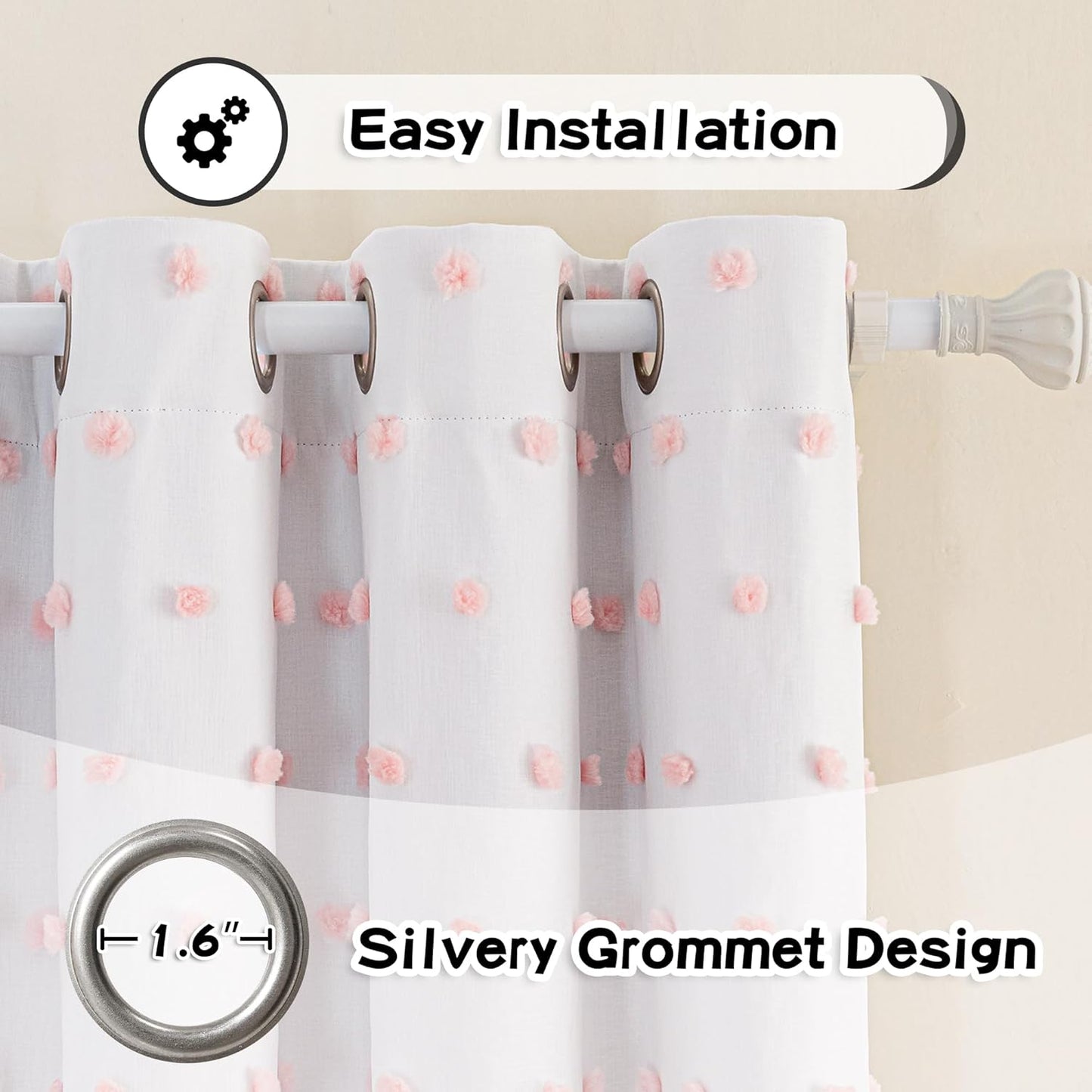 MYSKY HOME Pink Pom Pom Blackout Curtains for Girls Bedroom 63 Inch Long 100% Blackout Curtains for Kids Room 2 Panels Room Darkening Small Window Treatment Grommet 2 Layered Drapes Toddler 52W x 63L