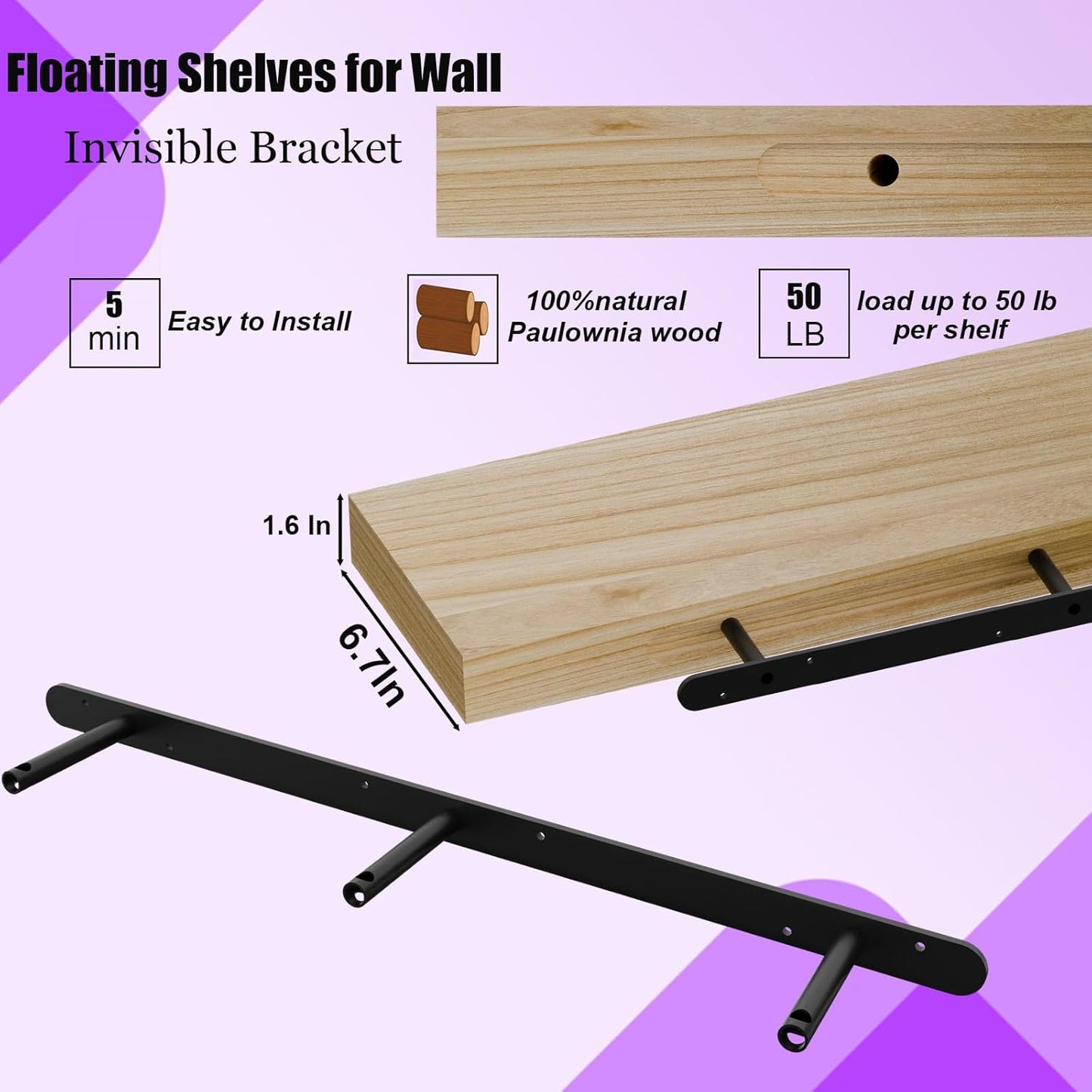 IAE Floating Wall Shelves 55 inch,Bathroom Shelves Wall Mounted,Invisible Shelves Floating Kitchen Shelves,Wooden Wall Shelves with Brackets for Living Room Wall Mounted,Easy Install,Set of 2,Natural