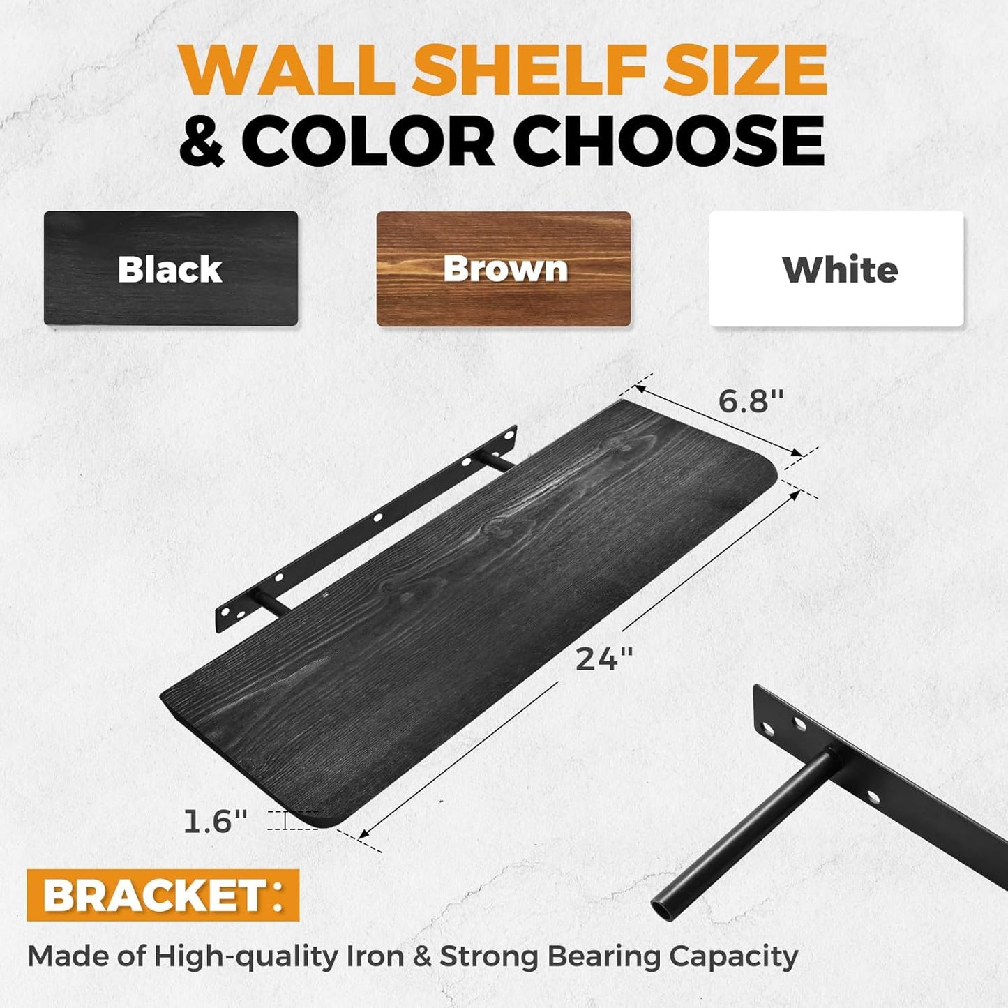 24"x6.8"x1.6" Slanted Floating Wall Shelves 2-Pack - Rustic Black Finish, Heavy-Duty Solid Wood Design with Hidden Brackets - Perfect for Living Room, Kitchen, Bathroom, or Office