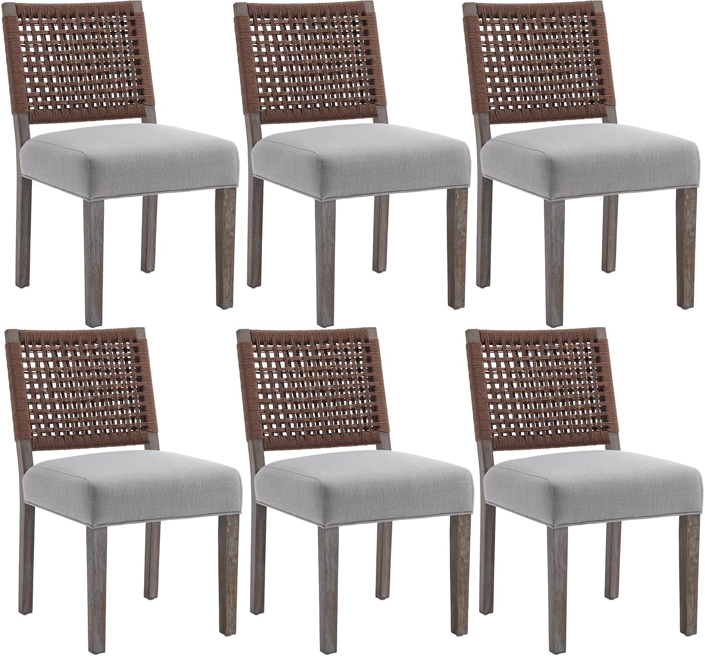 Kmax Farmhouse Dining Chairs Set of 6, Rustic Kitchen Chairs with Linen Fabric Seat and Woven Back, Vintage Accent Chairs for Dining Room, Living Room, Grey