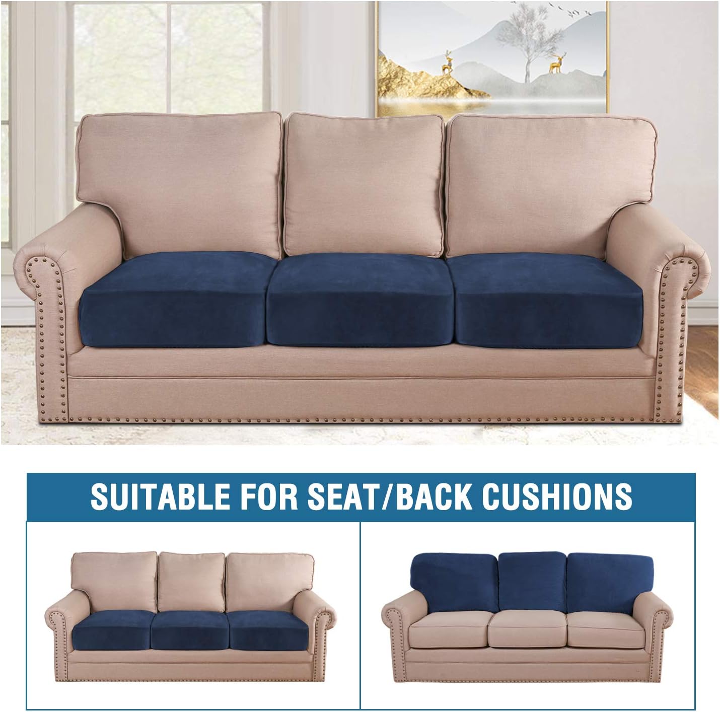 H.VERSAILTEX Velvet Stretch Couch Cushion Cover Plush Cushion Slipcover for Chair Loveseat Sofa Cushion Furniture Protector Seat Cushion Sofa Cover (3 Piece Sofa Cushion Covers, Navy)