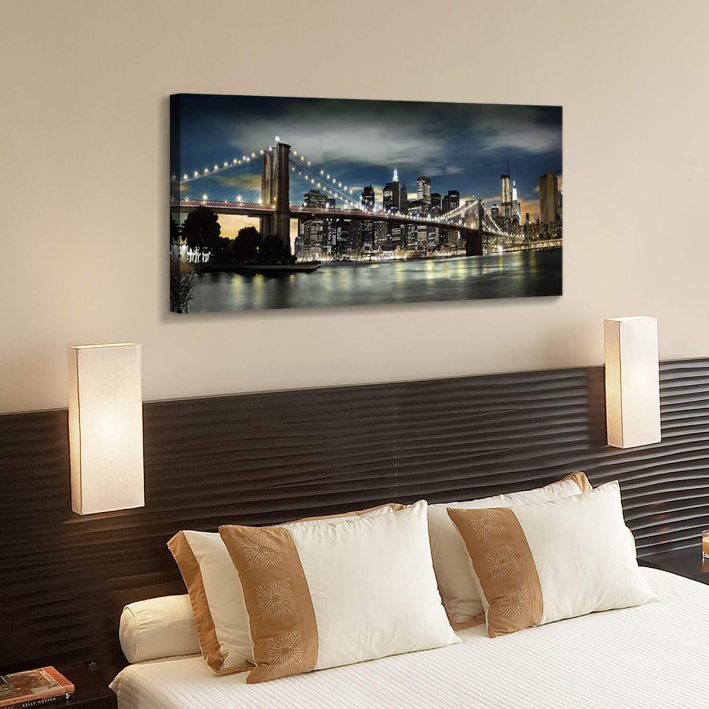 Brooklyn Bridge Canvas Wall Art: Skylines Lights & Reflections in New York Artwork for Decor