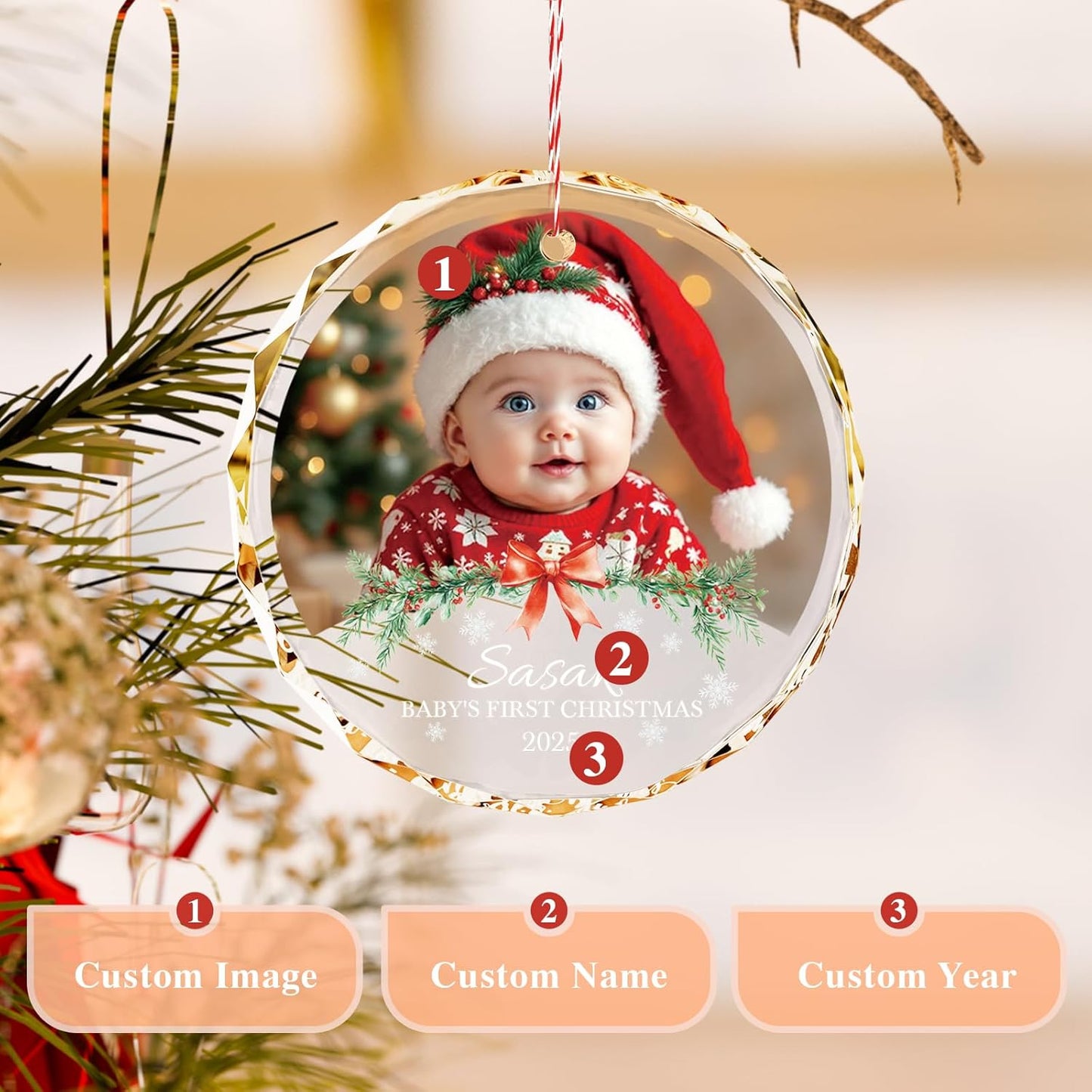 Bemaystar Personalized Babys First Christmas Ornament 2025 Girl Boy - 1st Christmas Ornament 2025 with Photo Text, Personalized Christmas Ornaments for Baby, Xmas Gifts, Newborn Gifts for New Mom Dad