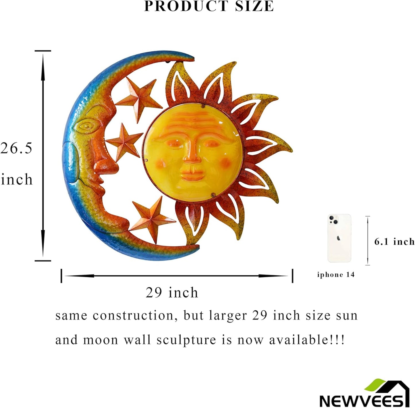 Metal Larger Size 29 Inch Sun Outdoor Wall Art Decor with Moon & Stars,Hanging for Indoor Outdoor Patio Garden Fence Deck Yard Pool Wall Sculpture Decoration Colorful