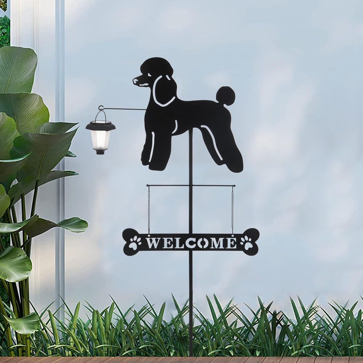 BAYN Solar Poodle Garden Stakes Decorative with a Lantern Dog Silhouette Welcome Sign Outdoor Garden Decor for Yard, Lawn, Patio, Pathway