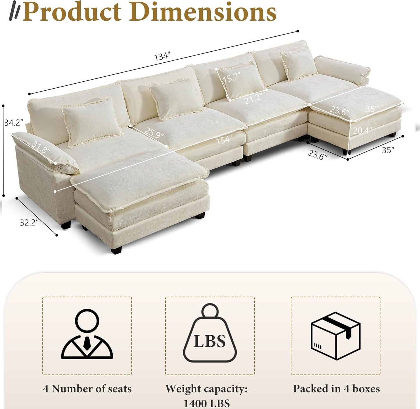 URRED Modular Sectional Sofa Comfy Cloud Couch, Modern Chenille Sofa Sleeper Deep Seat Couches with Ottoman/Pillows for Living Room (White, 154'' - U Shape)