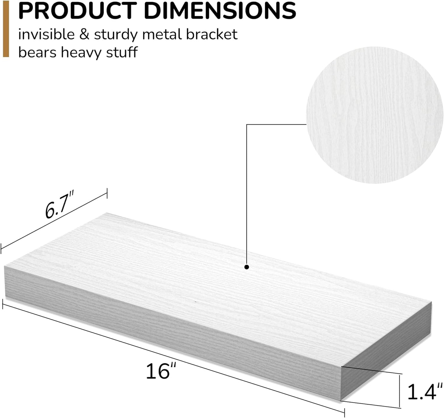 Fun Memories Floating Shelves - 16 Inch Rustic White Wall Shelf - Wall Mounted Shelves for Wall Decor Storage - Wooden Shelves with Invisible Brackets for Living Room, Bedroom, Kitchen, 2 Pack