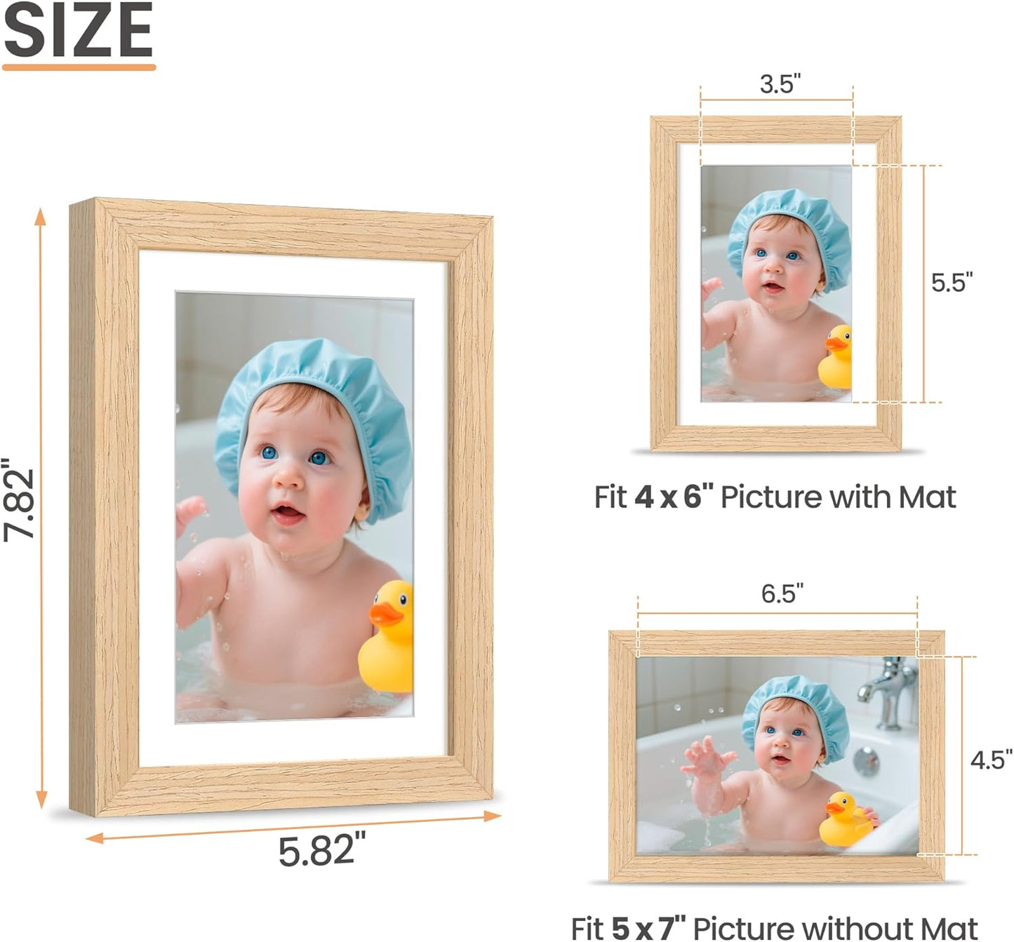 upsimples 5x7 Picture Frame, Natural Solid Wooden Picture Frames, Display 4x6 with Mat or 5 x 7 Without Mat, Wall or Tabletop, 1 Pack, Natural