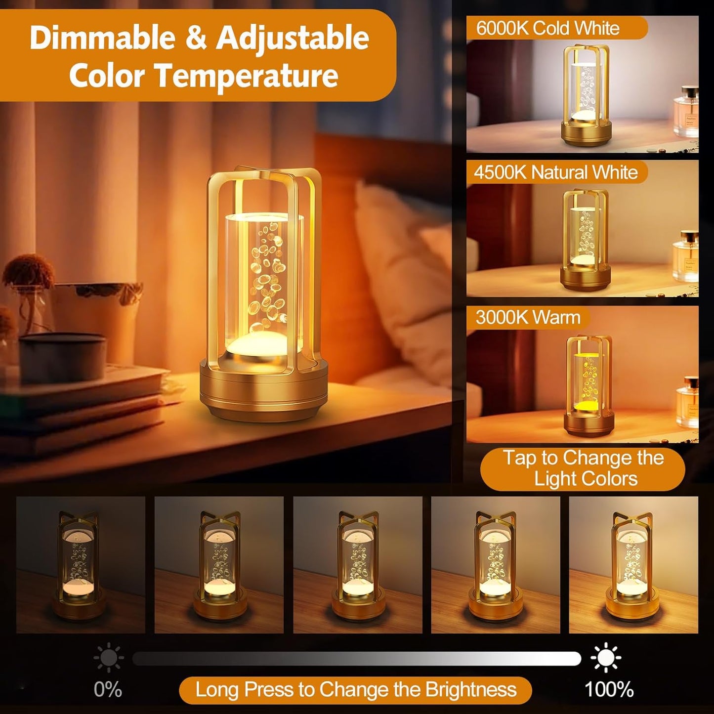 Portable Table Lamp for Outdoor Indoor: Cordless Rechargeable Desk Lamp with 3 Color Stepless Dimmable - Metal Battery Operated Small Lantern Light for Restaurant/Bedroom/Bar/Coffee Shop/Camping