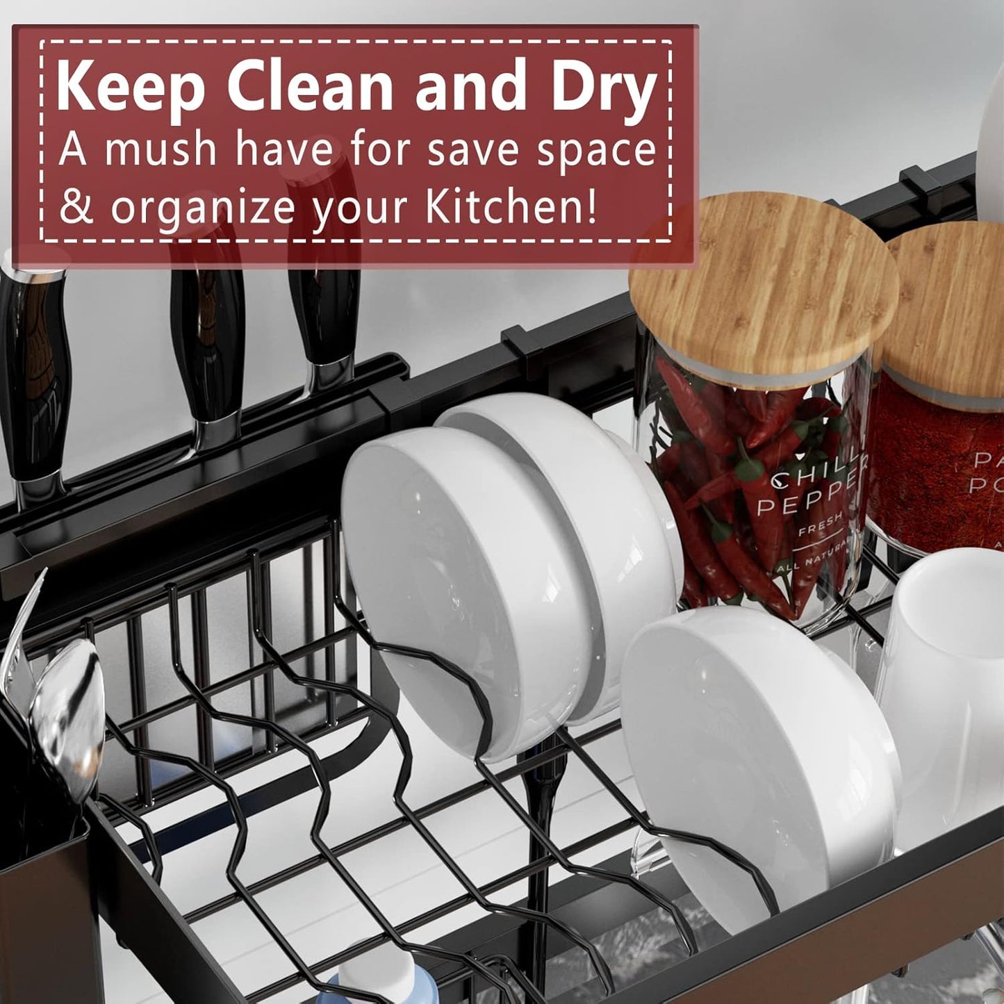 VNKZI Over Sink Dish Drying Rack, 2 Tier Stainless Steel Storage Adjustable Length (25.98'' to 36.61'') Kitchen Rack, Multifunctional Expandable Counter Organizer, Space Saver Dish Rack