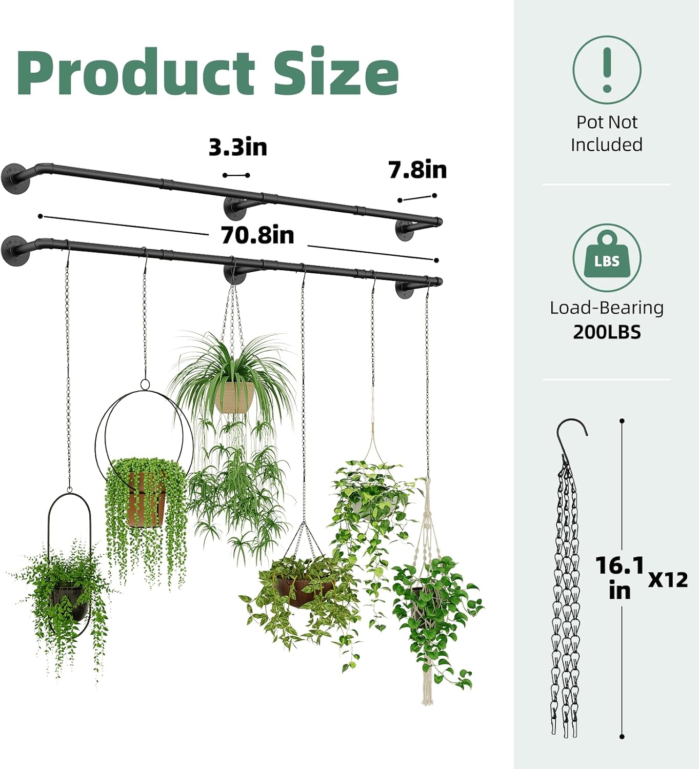 Plant Hanger Indoor with 12 Hanging Chains Hanging Planters for Indoor Plants Hanging Plant Holder Window Plant Rod Black Metal Shelves 70.8 Inch 2PCS Pot not Included