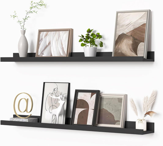 Heimlove Picture Ledge Shelf, Floating Shelves Set of 2, 36 Inches Picture Shelf for Wall with Ledge, Kids Bookshelf Wall Mounted for Living Room Bedroom Decor Books Photo Frames - Black